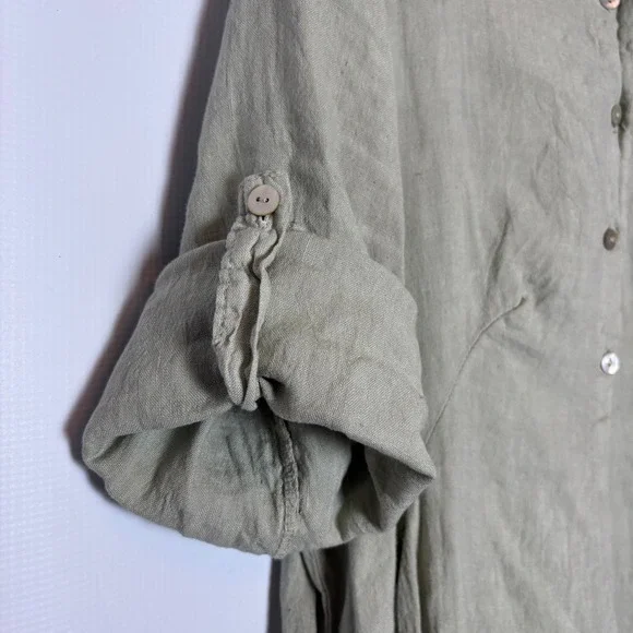 Elena Baldi Made in Italy Linen‎ Tunic Dress Shirt Khaki Green Size S Vacation - Picture 2 of 9
